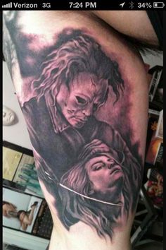 a black and grey tattoo with two women on it