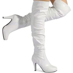 White Thigh High Hi-Heel Platform Over The Knee Boots Side Zipper Upper Material: Sudette Lining Material: Faux Fur Insole Material: Fabric Outsole Material: Rubber White Thigh High Boots For Party, White Thigh High Party Boots, Fitted White Synthetic Heeled Boots, White Fitted Over-the-knee Boots, Fitted White Thigh High Boots, White Synthetic Knee-high Boots, Fitted White Knee-high Winter Boots, Fitted White Knee-high Boots For Winter, Chic White Fitted Knee-high Boots