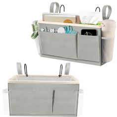 two storage bins with handles on each side and one holding items in the other