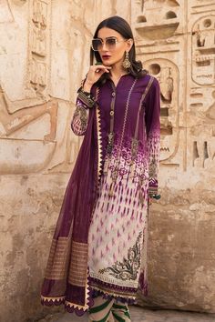 The new party and festive wear collection is all set to grab your attention with designer eid outfits. You can buy lavish fancy wear online to adorn your special event look in an elegant way. Shirt: This lavish festive attire is showing its grace with elegant plum color embroidered panels for shirt. Chiffon shirt is embellished with thread embroidered front and printed back panel. Neck is designed with lawn embroidered neckline. Lawn printed sleeves are designed with embroidered sleeve patti. Sh Izabelle Leite, Sari Lehenga, Orange Lehenga, Lehenga Style Saree, Campaign Shoot, Saree Bollywood, Eid Outfit, Lehenga Online, Lehenga Style