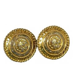 "Vintage Yves Saint Laurent golden round logo earring with engraved signature.  Classic round twisted frame earrings that features YSL signature on it.  Has an engraved YSL stamp in the back. It will be a perfect jewelry piece for your gorgeous outlook. It is in a good vintage condition with minor damages of use and ages.  Showing tarnished areas especially the twisted frames. Perfect vintage jewelry gift! Measurement: Diameter 1.18\"(3cm) No box but free gift wrapping upon request. Please feel free to ask any questions or more photos  :)" Formal Engraved Gold Earrings, Formal Gold Engraved Earrings, Yellow Gold Circular Earrings For Formal Occasions, Gold Circle Clip-on Earrings, Yellow Gold Circle Earrings For Formal Occasions, Elegant Gold Circle Clip-on Earrings, Luxury Gold Round Clip-on Earrings, Engraved Round Earrings For Anniversary, Vintage Etched Earrings