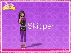 the barbie doll is standing in front of a purple background that says, skipper