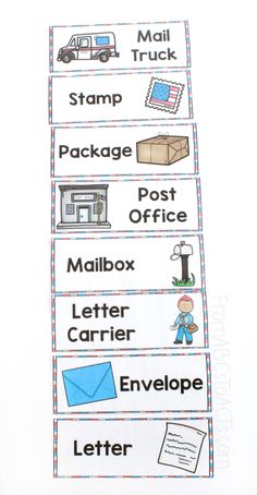 four different types of mail cards with the words mail, mailbox and envelope on them