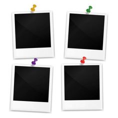 four polaroid frames with push pins attached to them on a white background stock photo