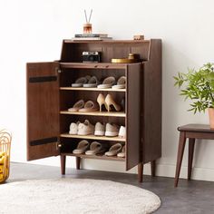 a wooden cabinet with shoes on it next to a potted plant