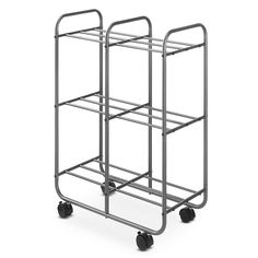 a metal rack with wheels and two sections on each side, one is holding several items