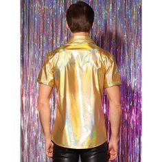 Introducing metallic color short-sleeve holographic button-down shirts! The unique design of these metallic shirts provides a stylish and eye-catching look, making you stand out in any crowd. These short-sleeved metallic shirts can be worn alone for a sleek and modern statement, or paired with leather shorts and shoes for an effortlessly chic ensemble. These holographic shirts are perfect for streetwear, parties, clubs, discos, stage performances, and more. Elevate your style with these versatil Fitted Short Sleeve Shirt For Party Season, Disco Style Short Sleeve Summer Shirt, Summer Disco Style Short Sleeve Shirt, Party Season Short Sleeve Shirt, Party Short Sleeve Shirt, Gold Button-up Shirt For Party, Metallic Button-up Party Top, Metallic Button-up Top For Party, Metallic Short Sleeve Shiny Top