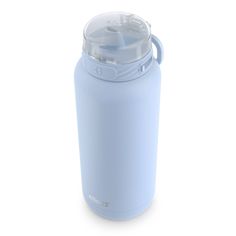 a light blue stainless steel water bottle on a white background with clippings to the side