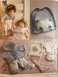 an open book with pictures of baby clothes and accessories on it's pages, including a doll