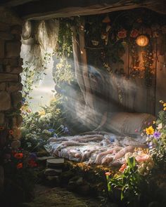 the sun shines through an open window onto a bed in a garden with lots of flowers