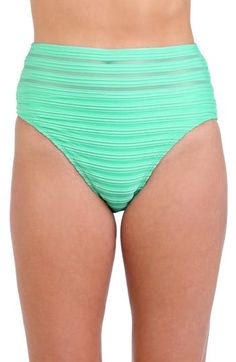 Head straight to the beach in these high-waist swim bottoms with a vibrant solid hue and illusion mesh panels. Moderate back coverage Lined 87% polyester, 5% nylon, 8% elastane Hand wash, line dry Imported Beachwear Mesh Bottoms For Beach, Green Mesh Bottoms For Summer, Summer Green Mesh Bottoms, High Waist Nylon Swimwear For Beachwear, Solid Nylon Swim Skirt For Beach Season, Nylon Swim Skirt For Beach Season, High Waist Nylon Swimwear For Summer, Green Micro-elastic Bottoms For Poolside, Micro-elastic Green Bottoms For Poolside