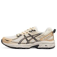 (WMNS) ASICS Gel-Venture 6 Running Shoes 'Beige Black' 1012B359-105 Casual Asics Trail Running Shoes For Walking, Asics Low-top Trail Running Shoes For Walking, Asics Trail Running Shoes For Walking, Cream Lace-up Walking Sneakers, Asics Breathable Walking Shoes, Breathable Asics Walking Shoes, Asics Trail Running Shoes With Cushioned Footbed For Hiking, Asics Low-top Walking Shoes For Hiking, Asics Functional Walking Shoes For Hiking