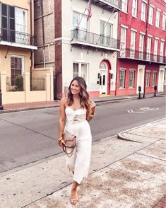 New Orleans Outfit, Louisiana Fashion, New Orleans Fashion, Nordstrom Shoes, Linen Jumpsuit, White Jumpsuit, The Rack, Gucci Handbags, Night Outfits