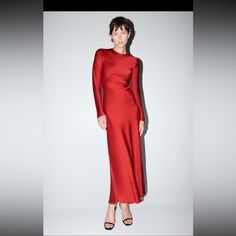 Zara 8668789 Back V Neck Zw Collection Red Satin Midi Dress Nwot Small New Without Tags Size Small Tie And Zipper Back Closure Beautiful Red Satin Red Long Sleeve Dresses, Stain Dress, Zara Red Dress, Red Satin Dress, Christmas Program, Bow Tie Dress, A Line Maxi Dress, Flare Long Sleeve, Red Dress Maxi