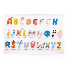 an alphabet poster with animals and letters on it's sides, all in different colors