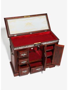 an open wooden jewelry box with red velvet lining