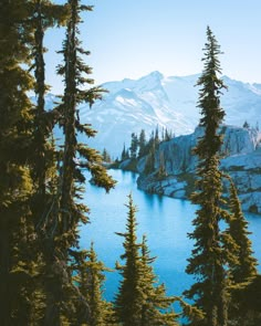 a lake surrounded by trees and snow covered mountains