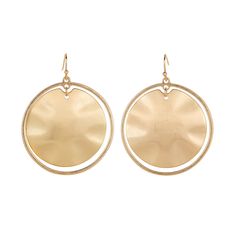 A stunning statement earring that makes a fashion statement! Crafted from beautiful hammered gold, these Round Hammered & Ringed Earrings feature a matte gold finish perfect for any look – from dressy to casual. Make an impression with this unique and eye-catching jewelry. Approximately 1.5" in diameter Chic Gold-tone Metal Earrings, Chic Gold-tone Brass Earrings, Chic Metal Hoop Earrings For Summer, Matte Gold Round Earrings, Chic Metal Jewelry For Summer, Elegant Metal Hoop Earrings For Summer, Chic Matte Gold Metal Jewelry, Hammered Hoop Earrings For Party, Hammered Gold Plated Earrings