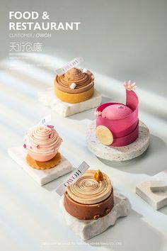 four different types of desserts on display in front of a white background with the words food & restaurant written above them