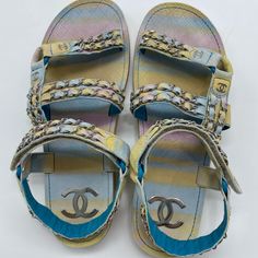 Chanel Dad Sandals Features : Blue, Pink And Yellow Suede Leather Interlocking Cc Logo And Chain Link Velcro Closure At Uppers Comes With Original Box Ig : Radtreasures Designer Blue Sandals For Spring, Designer Multicolor Sandals For Summer, Designer Multicolor Beach Sandals, Luxury Multicolor Sandals For Spring, Designer Multicolor Sandals For Spring, Luxury Multicolor Open Toe Sandals, Designer Multicolor Ankle Strap Sandals, Chanel Dad Sandals 2022, Luxury Multicolor Open Heel Sandals