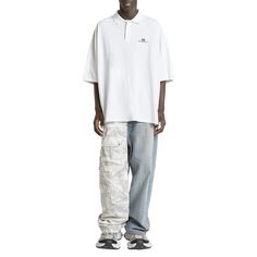 Balenciaga piqué polo shirt  Spread collar; two-button placket Embroidered logo at chest Short sleeves Oversized fit Pullover style Cotton/polyester Made in Portugal White Collar Tops For Streetwear, White Polo Shirt With Pockets, Casual White Polo Shirt With Pockets, Oversized Polo Shirt, Oversized Polo, Balenciaga Mens, Bergdorf Goodman, Button Placket, Oversized Fits