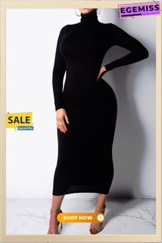 Black Fashion Sexy High Neck Long Sleeve Dress Chic Solid Color Dress For Club, Chic Solid Color Club Dress, Black Non-stretch Solid Midi Dress, Solid Color Midi Dress For Club, Non-stretch Solid Color Midi Dress For Night Out, Black Non-stretch Bodycon Dress, Trendy Solid Color Midi Dress For Night Out, Chic Solid Color Midi Dress For Night Out, Black Bodycon Long Sleeve Midi Dress