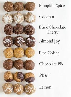 chocolate truffles are arranged in rows on a white background with the words pumpkin spice, coconut, dark chocolate cherry almond joy and pina cola