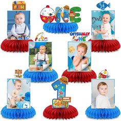 there are many pictures of babys on the table with blue and red decorations around them