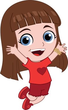 a cartoon girl with brown hair and blue eyes is jumping in the air while wearing a red