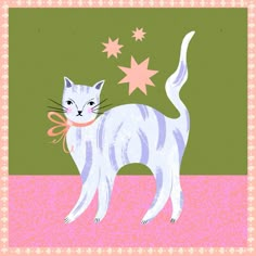 a white cat standing on top of a pink and green floor with stars in the background