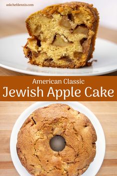 an american classic jewish apple cake is cut in half and served on a white plate