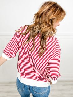 Experience comfort and style with our Crew Neck Short Sleeve Striped Top! Made with high-quality materials, this top offers a flattering fit and effortless style. Keep it casual or dress it up - you'll look and feel great either way. Elevate your wardrobe with this versatile and timeless piece. Fabric content: 95% Cotton, 5% Spandex Cotton V-neck Top With Ribbed Neckline, Effortless Stretch Tops For Everyday, Casual Everyday Tops With Ribbed Neckline, Casual Tops With Ribbed Neckline For Everyday, Casual Ribbed Neckline Top For Everyday, Relaxed Fit Top For Day Out In Fall, Summer Tops With Ribbed Neckline For Day Out, Cotton Tops With Ribbed Neckline And Relaxed Fit, Red Crew Neck Blouse With Relaxed Fit