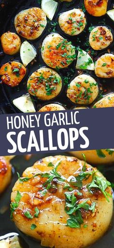 grilled garlic scallops in a cast iron skillet with text overlay