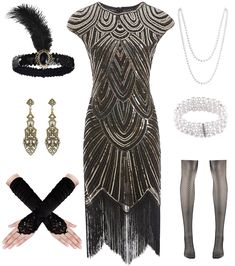 PRICES MAY VARY. Package Included-Package:1 x Sequin Dress, 1 x Long Satin Gloves,1 x Feather Headband, 1 x Pearl Necklace, 1 x Earrings, 1 x Pearl Bracelet, 1 x Fishnet stockings. High Quality Material-The flapper dresses 1920s made of polyester fabric and soft fringe, beads & sequins, this dress is the epitome of elegance and grace. Back concealed zipper, easy to use, while not affecting the aesthetics. The satin gloves material is very soft and smooth that it feels very comfortable to wear. A Great Gatsby Prom Dresses, Fringe Costume, 20s Accessories, Outfits 20s, Gatsby Outfit, Women 1920s, Gatsby Party Dress, 30s Dresses, Dress Outfits Party