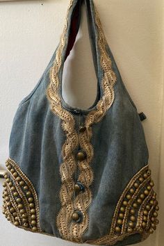 1990s Vintage Boho Hippie Jeans Bag So cute With lace and beads Vintage Summer Bags For Festivals, Vintage Hobo Tote Bag For Festivals, Embellished Shoulder Bag For Festival, Vintage Beaded Bags For Festival, Lace And Beads, Hippie Jeans, Jeans Bag, Vintage Jeans, Boho Hippie