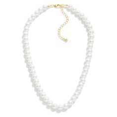 Elevate your style with this timeless 16” strand of faux pearls. Perfect for adding a touch of classic elegance to any outfit, these pearls have a soft luster that beautifully mimics the real thing—without the price tag! Whether you're dressing up for a special occasion, channeling your favorite powerful woman who wore pearls like these, or adding a hint of sophistication to your everyday look, this versatile necklace is a must-have. The strand is delicately secured with a polished clasp, ensuri Classic Pearl White Necklace For Party, Classic Pearl White Pearl Necklace For Party, Classic Pearl Embellished Necklaces For Party, Classic Pearl-embellished Necklace For Parties, Classic Pearl Necklace With Pearl Chain For Parties, Classic Pearl Necklace For Party, Classic Pearl Drop Necklaces For Party, Classic Pearl Drop Necklace For Party, Classic Pearl Beaded Necklaces With Pearl Chain