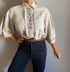 Adorable vintage Dirndl linen and cotton embroidery  blouse, feminine shirt made in Austria,  puffy sleeves, great for cute look cottagecore  naturalism Austrian outfit. In pristine condition. Brand, Alphorn. Composition: 55 % linen, 45 & cotton. Best current size Flat measurement 44 FR 14 USA/2XL 16 UK Chest: 56 cm /22,047 inches Shoulders 44 cm / 17,33 inches Length: 65 cm /25,59 inches Waist: 60 cm /23.6 inches Hip 62 cm /24,40 inches All garments are delivered washed and ironed. Before makin Austrian Outfit, Feminine Shirts, Neutral Tops, Embroidery Blouse, Puffy Sleeves, Vintage Linens, Womens Clothing Tops, Blouses For Women, Vintage Outfits