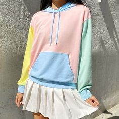 Harajuku & Fashion pastel color block long sleeve hoodie sweatshirt. We offer FREE and USPS shipping for USA and China Post for any other country in the world. Customer service is included in the price too!! Color: as pictures; Size: Size S: Length 54cm, Bust 108cm, Shoulder 49cm, Sleeve... Estilo Harajuku, Patchwork Hoodie, Autumn Wear, Spring Hoodie, Fall Hoodies, Rave Wear, Crop Top Sweater, Loose Tops, Harajuku Fashion