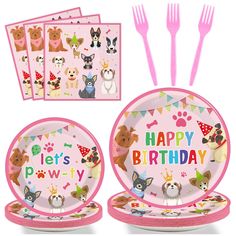 a birthday party set with pink plates, forks and napkins featuring dogs on it