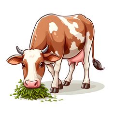 a brown and white cow eating grass on a white background