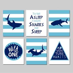 four blue and white wall art prints with shark silhouettes on the bottom, one is for