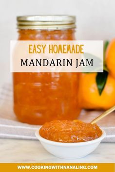 mandarin jam in dish with jar in background. How To Can Mandarin Oranges, Recipes With Mandarins, Mandrian Orange Recipe, How To Preserve Mandarin Oranges, Mandarin Orange Jam Recipe, Mandarin Jam Recipe, Preserving Mandarin Oranges, Leftover Mandarin Oranges, Recipes Using Canned Mandarin Oranges