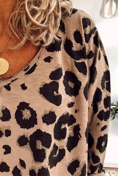 Brown Casual Leopard Print Long Sleeves T-shirt Casual Leopard Print T-shirt For Fall, Casual Leopard Print Crew Neck T-shirt, Leopard Print Tops For Spring, Trendy Leopard Print V-neck Top, Casual Printed T-shirt For Fall, Casual Printed Fall T-shirt, Leopard Print Graphic Crew Neck Top, Fall V-neck Graphic Tee T-shirt, Brown Graphic Tee For Spring