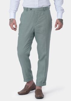 Jade Green Linen Pants - SARTORO Summer Chinos With Wide Leg And Welt Pockets, Summer Wide Leg Chinos With Welt Pockets, Elegant Summer Ankle-length Chinos, Summer Elegant Ankle-length Chinos, Summer Straight Leg Dress Pants, Cotton Straight Leg Summer Dress Pants, Fitted Straight Leg Chinos For Summer, Fitted Straight Chinos For Summer, Casual Linen Dress Pants