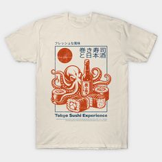 Japanese sushi design with octopus - vintage style for foodies -- Choose from our vast selection of Crewneck and V-Neck T-Shirts to match with your favorite design to make the perfect graphic T-Shirt. Pick your favorite: Classic, Boxy, Tri-Blend, V-Neck, or Premium. Customize your color! For men and women. Group T Shirt Design, Cool Graphic Tshirt Designs, Science Shirt Design, Silly Shirt Designs, Graphic Tshirt Design Art, Japanese Tshirt Design, Japanese Graphic Tee, Tokyo Sushi, Koi Fish Shirt