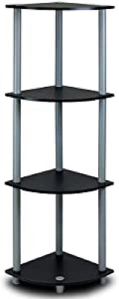 three tiered shelf with metal legs and four shelves on each side, in black