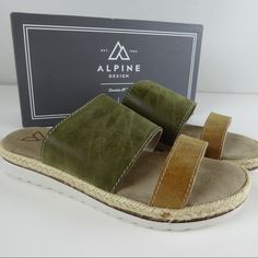 Alpine Sandals Alpine Design Slide Sandal Italian Leather Upper Espadrille Style Midsole Cushioned Footbed Suede-Like Footbed Lining Alpine Branding At Heel Ridged Outsole Brand New In Box Pricing Is Fair And Quite Firm . Please Let Us Know If You Have Any Questions. Green Leather Wedge Sandals For Vacation, Summer Leather Footbed Sandals With Round Toe, Leather Footbed Sandals With Round Toe For Summer, Green Leather Footbed Sandals For Beach, Green Leather Casual Footbed Sandals, Green Leather Footbed Sandals Casual Style, Casual Green Leather Footbed Sandals, Brown Leather Summer Footbed Sandals, Summer Leather Slip-on Footbed Sandals