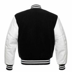 Black Wool White Leather Sleeves Varsity Baseball Jacket - Battlestar Clothing & Gears Co Nba Jacket, Leather Sleeve Jacket, Varsity Letterman Jackets, Letterman Jackets, Varsity Jackets, Baseball Varsity Jacket, Leather Sleeves, Letterman Jacket, Vintage Leather Jacket