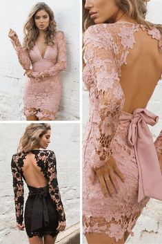 Lace Patchwork Long Sleeve Backless Bodycon Short Homecoming Dress,SF0134 on Storenvy Pink Stretch Dresses With Back Zipper, Pink Stretch Dress With Back Zipper, Pink Backless Dress With Back Zipper, Fitted Backless Dress With Back Zipper, Backless Mini Dress With Lace Patchwork For Party, Backless Pink Mini Dress With Back Zipper, Pink Backless Mini Dress With Back Zipper, Elegant Non-stretch Backless Dress, Fitted V-neck Backless Dress With Back Zipper