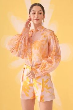 Shop for Mehak Talreja Couturre Yellow Organza Printed Shirt And Shorts Set for Women Online at Aza Fashions Shirt And Shorts Set, Organza Shirt, Yellow Pants, Yellow Shirt, Shirt And Shorts, Floral Print Shirt, Yellow Shirts, Puffed Sleeves, Silk Shirt